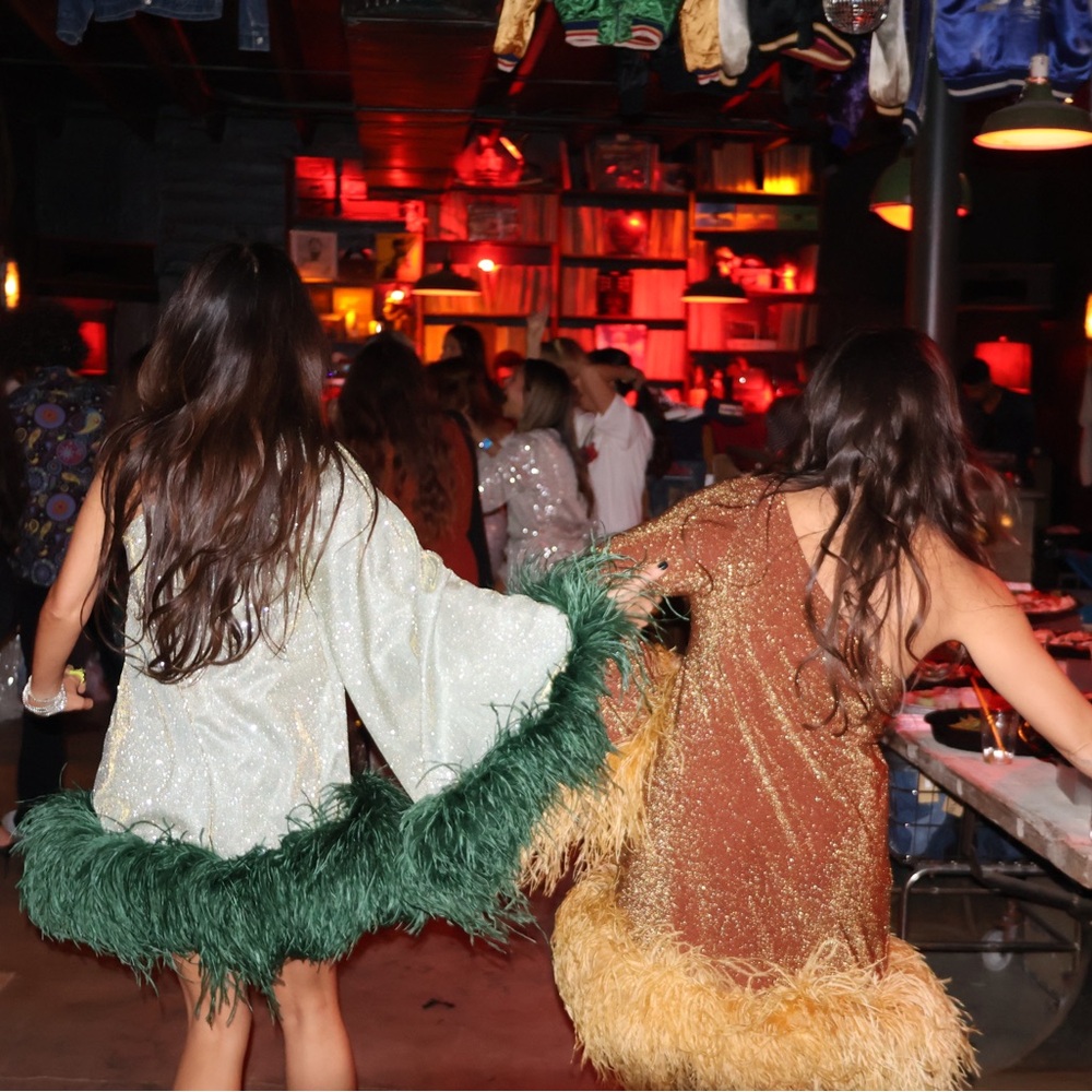 Taller marmo inspired Custom made sequin and ostrich feather mini dress- Green - Picture 2 of 5